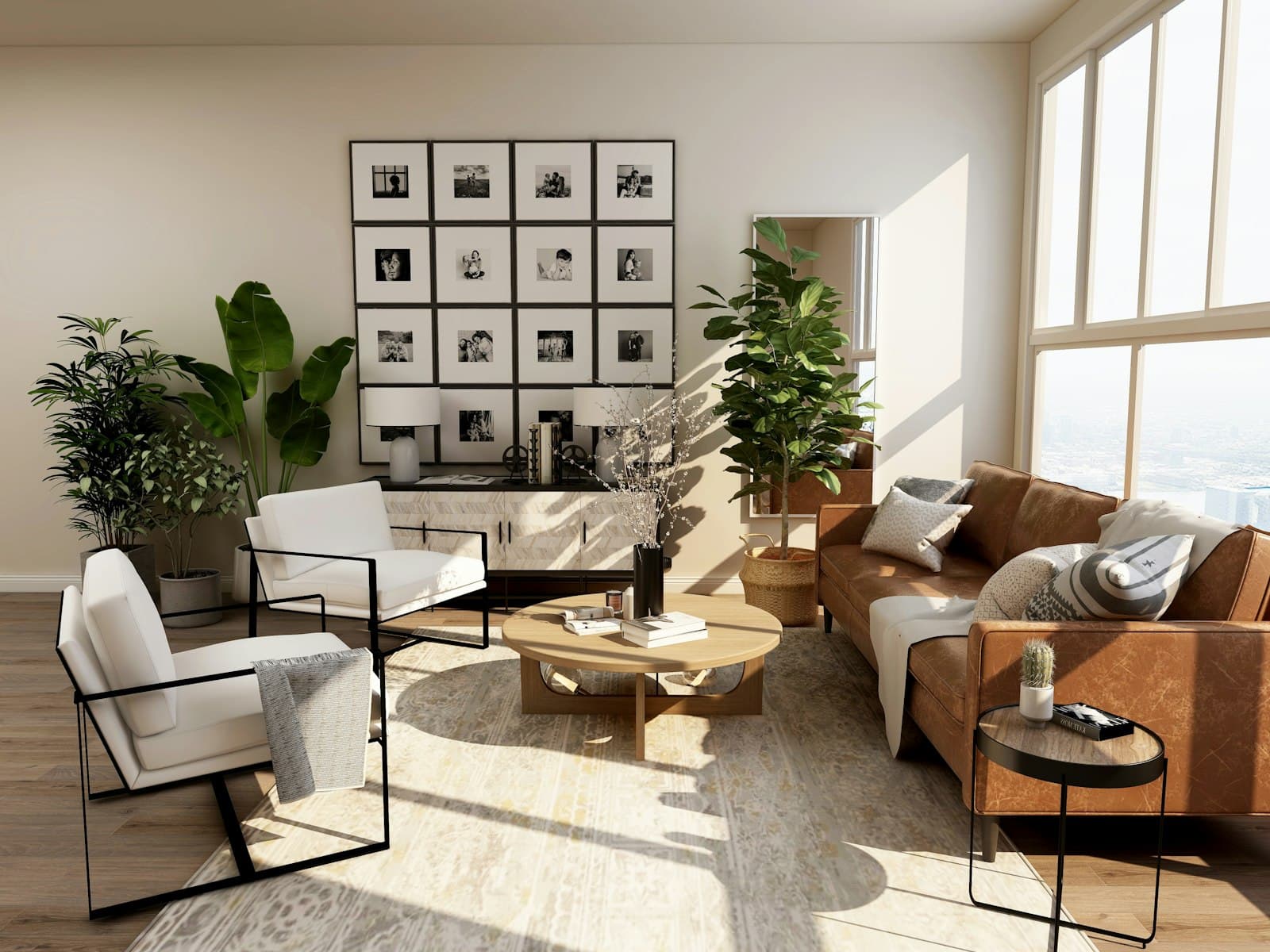 Interior contemporáneo de un salón con acabados claros