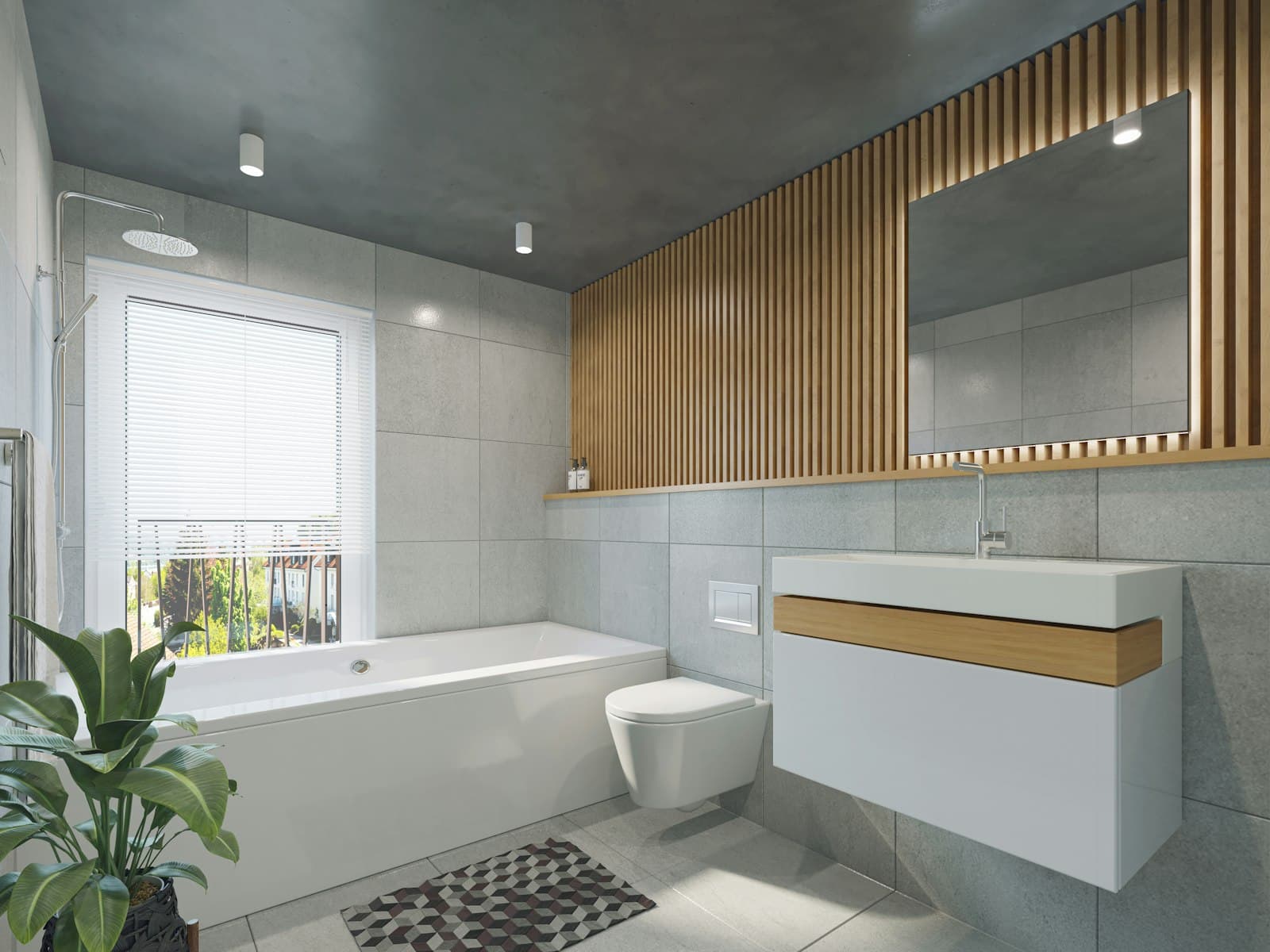 A bathroom with grey floor and wall tile, wooden slats and a floating vanity — an example of large-format tile installation
