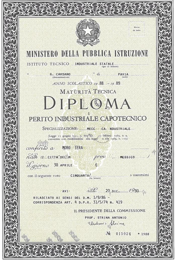 Диплом Perito Industriale Capotecnico, Технический институт «G. Cardano», Павия, 1989