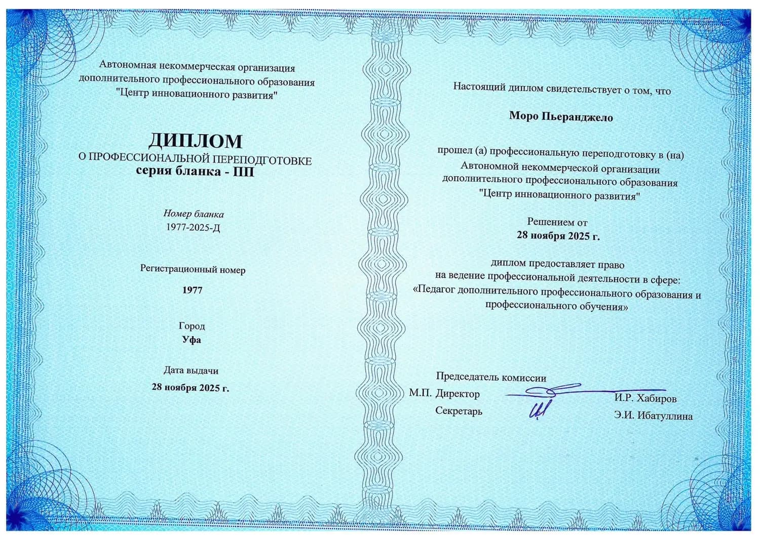 Диплом о профессиональной переподготовке «Педагог дополнительного профессионального образования», 2025